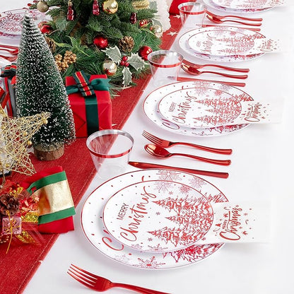 Rubtlamp 175 Pcs Christmas Plastic Plates And Napkins, Christmas Plates Disposable, White And Red Plastic Dinnerware Include 25Dessert Platos, 25Dinner Platos, 75 plastic cultery, 25Cups, 25Napkins