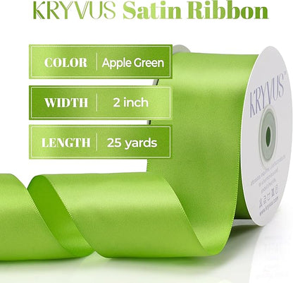 Apple Green Satin Ribbon, Double Faced 2 Inch X 25 Yards Apple Green Ribbon, Premium Satin Ribbon for Gift Wrapping, Crafts, Hair Bow Making, Sewing, Flower Bouquet, Wedding Party Decor