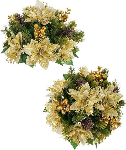 BLOSMON Christmas Poinsettia Centerpieces for Tables: 2 Pcs Gold Poinsettias Artificial Christmas Flower Balls Decoration - Fake Silk Xmas Holiday Floral Arrangements for Room Table Top
