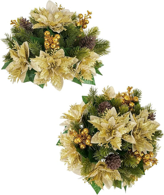BLOSMON Christmas Poinsettia Centerpieces for Tables: 2 Pcs Gold Poinsettias Artificial Christmas Flower Balls Decoration - Fake Silk Xmas Holiday Floral Arrangements for Room Table Top