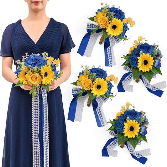 TINGE TIME Bridesmaid Bouquets for Wedding Set of 4 Sunflower & Royal Blue 7 Inch Wedding Bouquets Artificial Silk Flowers Bridal Bouquets for Bridesmaids, Wedding Decor, Anniversary