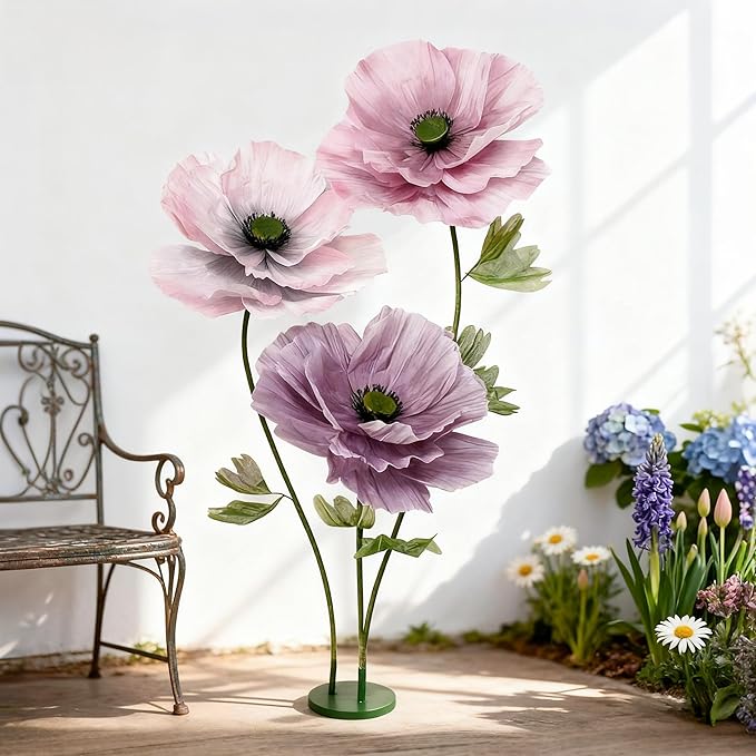 Giant Artificial Flowers 3Pack Fake Flowers for Decoration, Fabric Poppy Flower for Wedding Birthday Easter Party Mother's Day Banquet Photography Props Garden Shop Window Display Decor (Colorful)