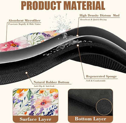 Dish Drying Mat Colorful Wildflowers Coffee Bar Mat for Countertop Rubber Backed Absorbent Hide Stain Dish Drainer Rack Pad Espresso Machine Coffee Table Dining Room Decoration 15.7 x 23.6 Inch