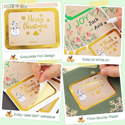 Jumbo Christmas Name Tags Stickers 120 Pack/8 Designs -Gift Tag with Reflective Metallic Foil for Christmas Presents (Vintage Brown)