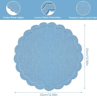 Set of 6 Blue Cotton Linen Placemats, 15x15 Scalloped Flower Embroidery Cloth Table Mats Double Layered Fabric Machine Washable Wrinkle Free Dining Placemat for Hotel Restaurant Kitchen Decor