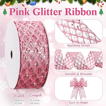 Geosar 20 Yards Pink Glitter Mesh Wired Ribbon for Christmas Tree Decorations, Gift Wrapping, DIY Craft, Xmas Wreaths, Cabinet Decor (2.5 Inch)