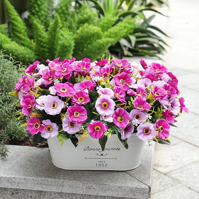 Ouddy Decor 12 Bundles Artificial Flowers for Outdoors Decoration, Fake Daisy Silk Flowers UV Resistant Artificial Plants for Spring Summer Garden Porch Window Box Room Home Decor, Fuchsia