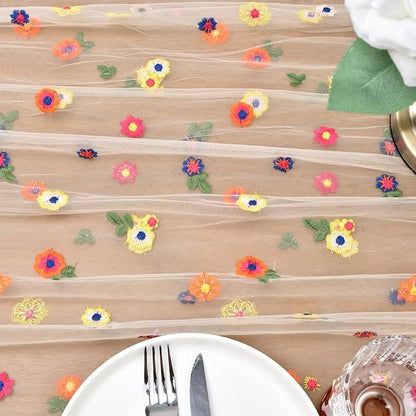 Joanlody 3pcs Champagne Embroidery Daisy Christmas Table Runner 10ft Florals Seasonal Tulle Table Runner Holiday Kitchen Dining Table Decoration for Home Party Indoor