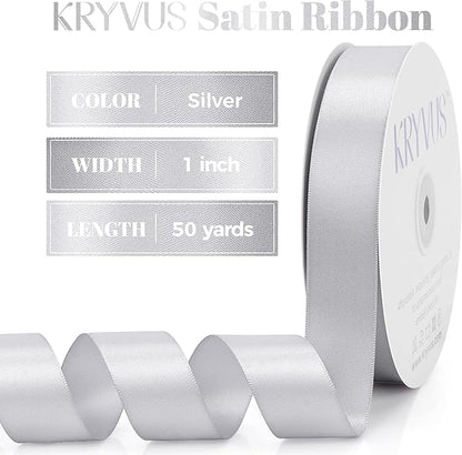 Silver Satin Ribbon, Double Faced 1 Inch X 50 Yards Silver Ribbon, Premium Satin Ribbon for Gift Wrapping, Crafts, Hair Bow Making, Sewing, Flower Bouquet, Wedding Party Decor