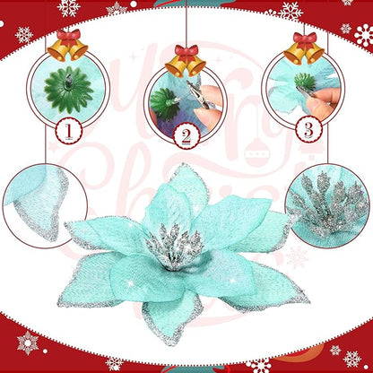 WILLBOND 24 Pcs 3 Size Poinsettia Flower Artificial Christmas Decor Glitter Poinsettia Christmas Ornaments Faux Flowers for Xmas Tree Outdoor(4/6/7.9 Inches,Blue)