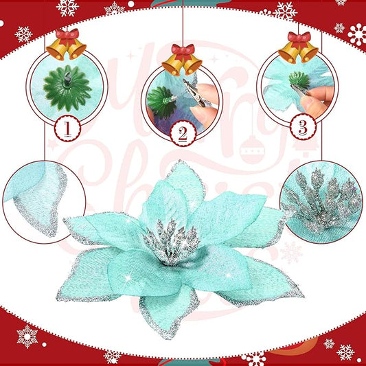 WILLBOND 24 Pcs 3 Size Poinsettia Flower Artificial Christmas Decor Glitter Poinsettia Christmas Ornaments Faux Flowers for Xmas Tree Outdoor(4/6/7.9 Inches,Blue)