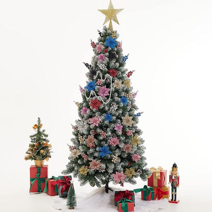 Zhuqing 22Pcs Christmas Poinsettia Artificial Flowers and Glitter Berries Stems Kit, 16Pcs Christmas Tree Flowers Ornaments and 6 Pack Christmas Tree Picks for Wedding Holiday Decorations (Red)