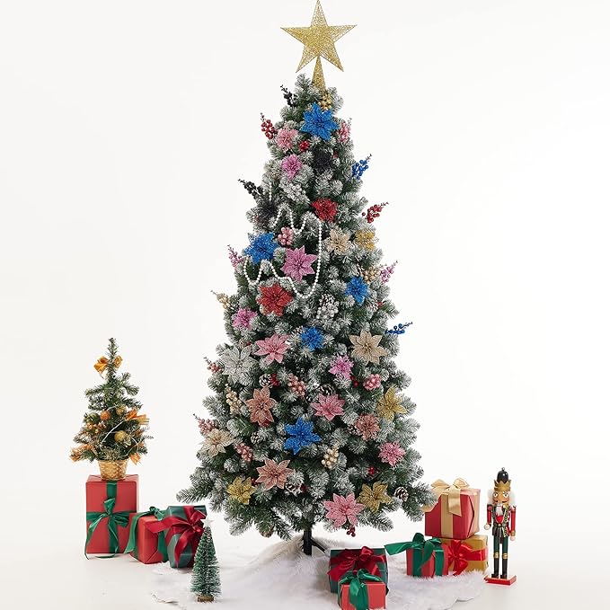 Zhuqing 22Pcs Christmas Poinsettia Artificial Flowers and Glitter Berries Stems Kit, 16Pcs Christmas Tree Flowers Ornaments and 6 Pack Christmas Tree Picks for Wedding Holiday Decorations (Black)