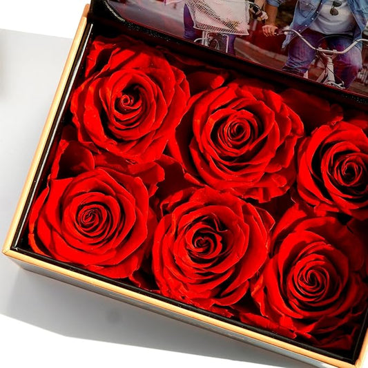 ADDWel Preserved Rose Gift Box with 4x6 Photo Frame, Romantic Flower Gifts for Women, Wife or Girlfriend, 6 Eternal Roses for Delivery on Christmas, Birthday, Anniversary, Valentine’s Day