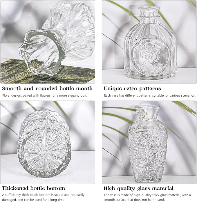 Set of 12 Glass Bud Vase Set, Small Vintage Clear Flower Vase Centerpieces for Table Bulk Cute Rustic Style Mini Vase for Home Decor Wedding Baby Shower Birthday Party