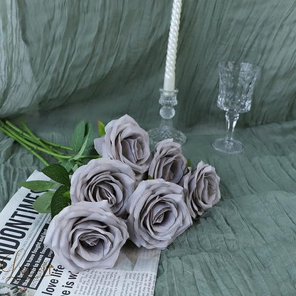 12pcs Artificial Rose Flower Grey Rose Flowers with Long Stem Silk Roses Bouquet for Wedding Bridal Shower Party Home Decoration