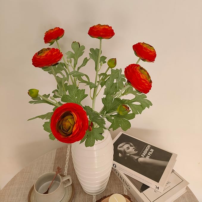 ATFL Orange red Ranunculus Artificial Flowers,6 Pcs Artificial Faux Silk Ranunculus Flowers with Real Touch Stems,Fake Peony Flowers for Floral Arrangements DIY Wedding Bouquet Party Table Home Decor