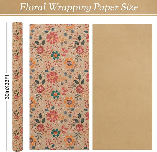 Aimyoo Kraft Floral Wrapping Paper Roll - Jumbo Roll - 30 Inch x 33 Feet - All Occasion Vintage Flower Gift Wrap Paper for Mother's Day Wedding Birthday Bridal Shower