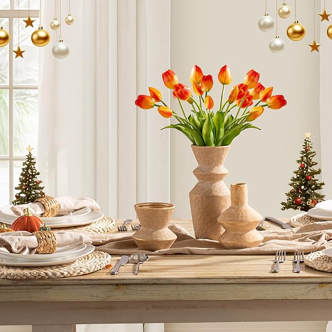 Ceramic Vase Home Table Decor - Gold Flower Vase Set of 3 Living Room Kitchen Decorations Farmhouse Modern Rustic Vases Decorative Centerpiece for Shelf Bedroom Office Bathroom Dining Coffee Desk