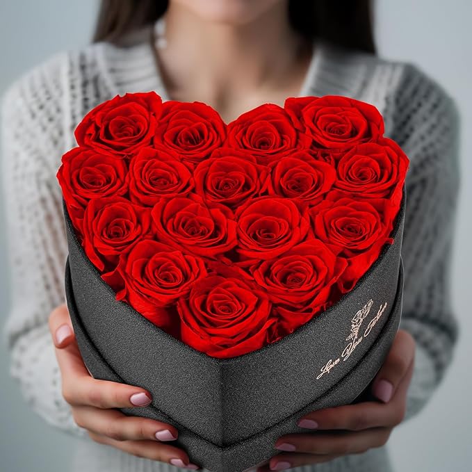 Forever Flowers, 16 Fresh Preserved Rose in Heart Shape Box for Delivery Prime, Eternal Rose for Her Wife Women Anniversary Birthday Red