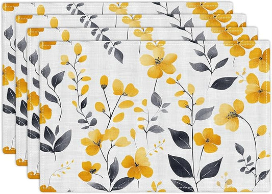 Farmhouse Yellow Flowers Placemats Set of 4, Rustic Floral Place Mats, Country Dining Table Mats, Washable Spring Placemats for Kitchen Dining Room Home Decor 18L'' × 12W''