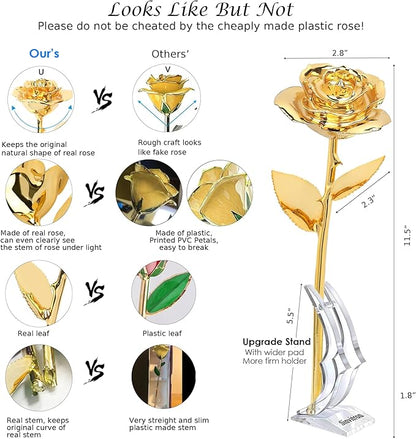 Sinvitron Gold Dipped Rose Real 24K Gold Rose, Hand Dipped One of a Kind Golden Roses, Romantic Gifts for Women on Birthday, Anniversary, Mother’s Day (Golden)