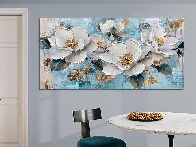 Ardemy Flower Wall Art for Living Room White Floral Canvas Art Wall Decor, Magnolia Teal Picture Textured Extra Large Painting Turquoise Artwork Bedroom Dining Room Kitchen Home Office 58"x29"