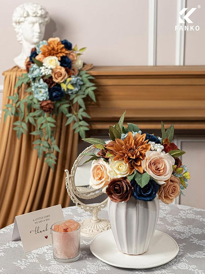 FANKO Artificial Flowers Navy Blue Rose, Mixed Fake Silk Flowers Combo Cream Yellow Rose Brown Dahlia Light Blue Peony Vintage Assorted Blooms for DIY Wedding Bridal Bouquets, Home Decor