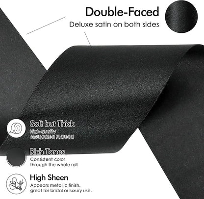 MEEDEE Black Satin 3 Inch Ribbon Lux Double Faced Extra Wide Ribbon Black Christmas Tree Ribbons by 10 Yards Silk Ribbons for Halloween Wreaths Bow, Satin Weddings Decor