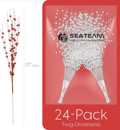Sea Team 24-Pack Artificial Glitter Berry Stem Ornaments, Decorative Bead Sticks, Glittery Twigs, Picks, Branches for Christmas Tree, Small Vase, Holiday, Wedding, Party (17 Inches, Red)