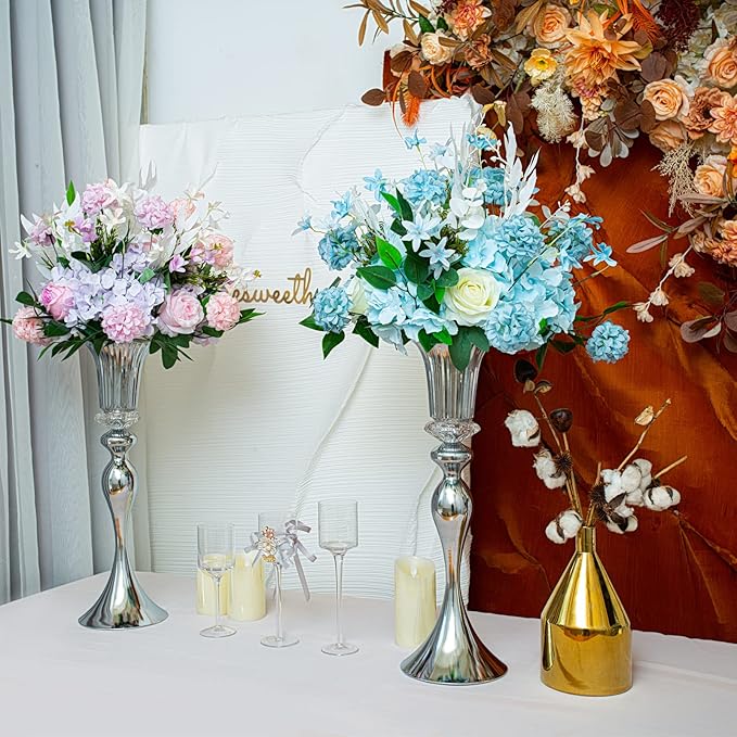 Metal Trumpet Wedding Flower Vases, 22" Tall Elegant Table Centerpiece Vases, Gold Flower Arrangement Stands for Anniversary Ceremony Birthday Party Event Wedding Home Decoration (Silver, 22"-2pcs)