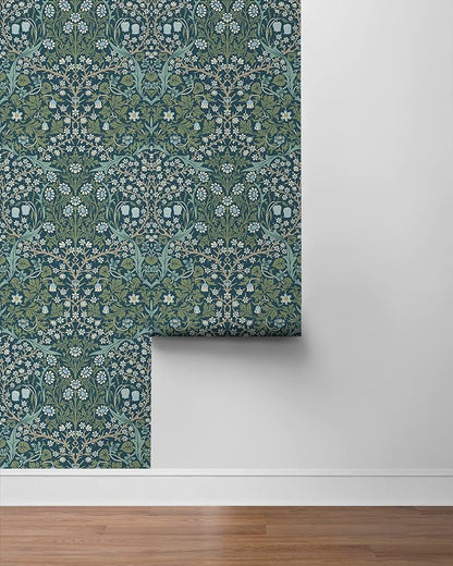 NextWall Seabrook Designs Victorian Garden Floral Vintage Prepasted Wallpaper (Prussian Blue & Moss Green)