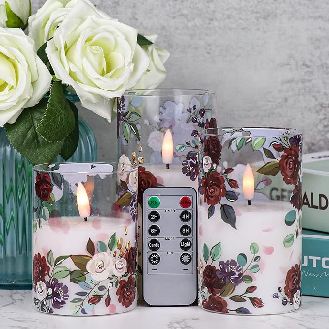 DRomance Battery Operated Glass Flameless Candles with Remote and Timer Real Wax 3D Wick Flickering Rose LED Pillar Candles Wedding Dinner Christmas Holiday Decor D3 x H4, 5", 6"