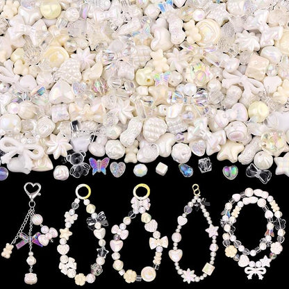 Assorted 200-260PCS White Acrylic Beads for Bracelet Making, Flower Bow Candy GummyBear Bracelet Charms,Cute Beads for Jewelry Making DIY Necklace Keychain Phone Charm Christmas Gift