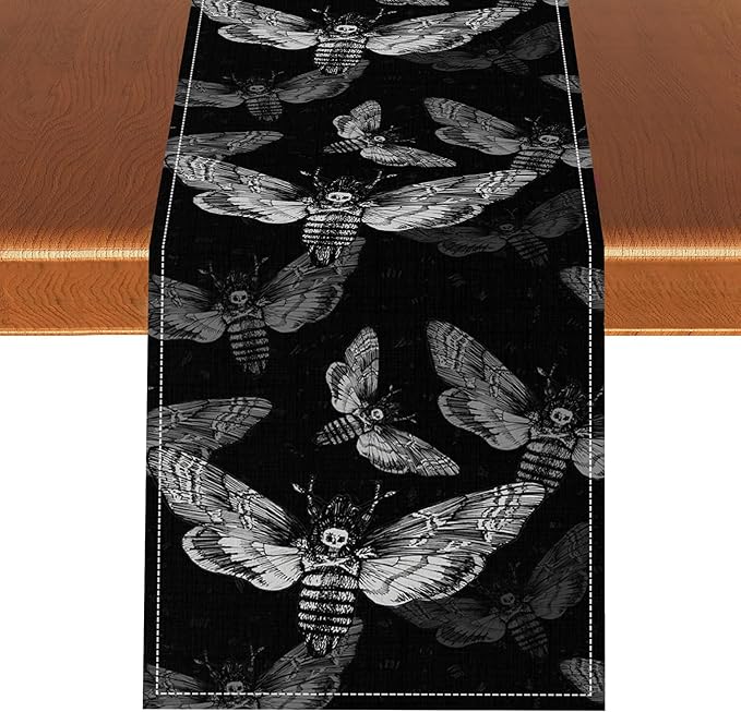 Gothic Moth Table Runner, Boho Gothic Mystical Witchy Skull Retro Farmhouse Coffee Table Center Decor for Home Kitchen Dining Patio Holiday Party Table Decorations 13x108 inches