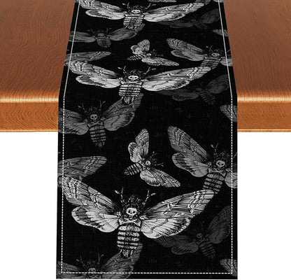 Gothic Moth Table Runner, Boho Gothic Mystical Witchy Skull Retro Farmhouse Coffee Table Center Decor for Home Kitchen Dining Patio Holiday Party Table Decorations 13x90 inches