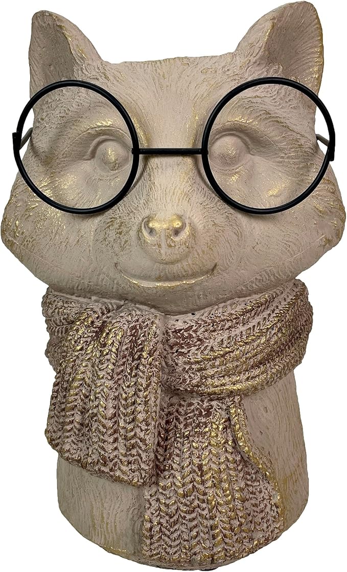 Bespectacled Fox Cement Vase 8.25 Inch – Gold Accents, Knit Textured Scarf, Real Wire Glasses, Whimsical Animal Decor, Distressed Taupe Planter for Indoor Plants, Unique Gift for Home or Office