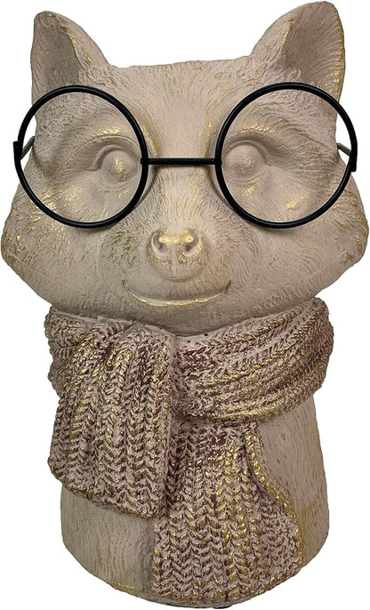 Bespectacled Fox Cement Vase 8.25 Inch – Gold Accents, Knit Textured Scarf, Real Wire Glasses, Whimsical Animal Decor, Distressed Taupe Planter for Indoor Plants, Unique Gift for Home or Office