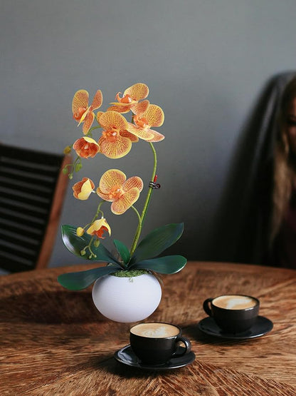 Forlaoers 17" Orange Artificial Orchids That Look Real with Pot Fake Orchid in Vase Artificial Flowers for Home Decor Indoor Office Table Centerpieces Bathroom Decoration