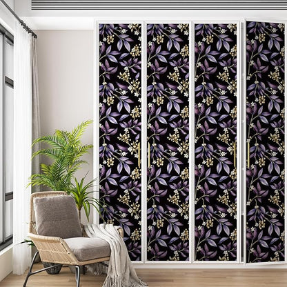 Dark Peel and Stick Wallpaper Vintage, Black Purple Leaf Removable Self-Adhesive Vinyl for Bathroom Bedroom Kitchen Drawer Cabinet, Golden Floral Pattern Wall Decor Retro Style 17.5" x 118"
