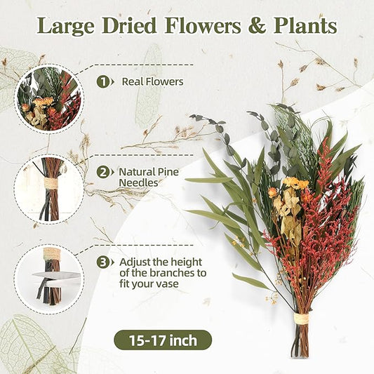 YZXZM Real Flower Bouquet for Christmas Decorations with Dried Pine Branches & Flowers, 17 Inch
