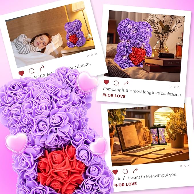 Otlonpe Cute Bear Rose Flower with Light | Women Gifts & Indoor Table Decorations for Christmas, Valentines, Mothers Day, Birthday, Anniversary | Handmade Gifts for Women Mom Wife Girlfriend (Purple)