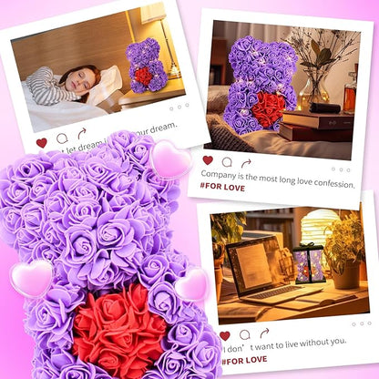 Otlonpe Cute Bear Rose Flower with Light | Women Gifts & Indoor Table Decorations for Christmas, Valentines, Mothers Day, Birthday, Anniversary | Handmade Gifts for Women Mom Wife Girlfriend (Purple)
