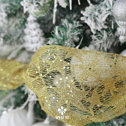 MEEDEE 6 Inch Wide Wired Ribbon Gold Glitter Mesh Web Wired Edge Ribbon by 10 Yards Roll Gold Mesh Wired Ribbons for Christmas Tree, Garland, Holiday Crafts, Wreaths, Bows, Centerpiece, Gift Wrapping