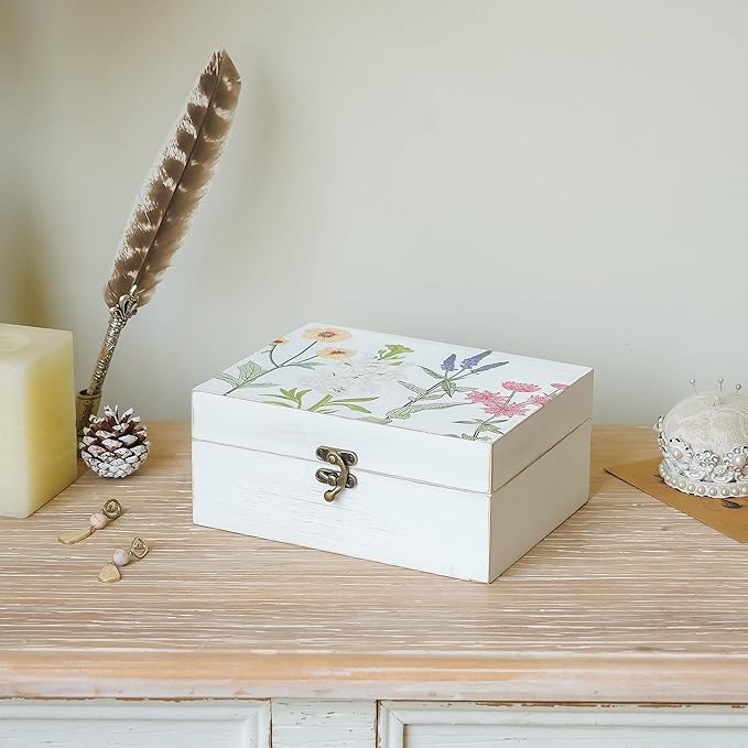 Small Decorative Box with Hinged Lid Wooden Handmade Keepsake Storage Box Floral Printed Jewelry Box Rustic Trinket Box - 7.9 x 6.5 x 3.4 Inches