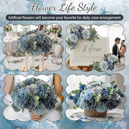 98 Pcs Assorted Faux Flowers Heads with Stem Eucalyptus Leaves Silk Artificial Flowers Bouquet Floral Table Centerpieces for DIY Wedding Party Wreath Home Decoration(Gray Blue,Vivid Style)