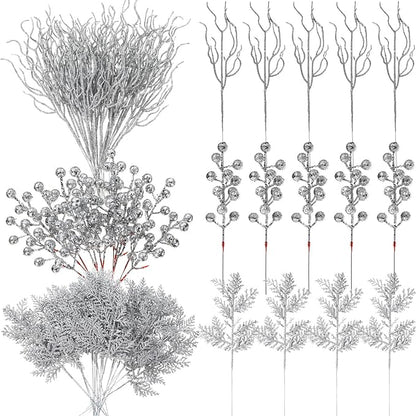 75 Pcs Christmas Glitter Branches 3 Styles Artificial Christmas Picks Berries Stems Pine Needles Floral Twig Spray for Xmas Tree Ornaments DIY Wreath Garland(Silver)