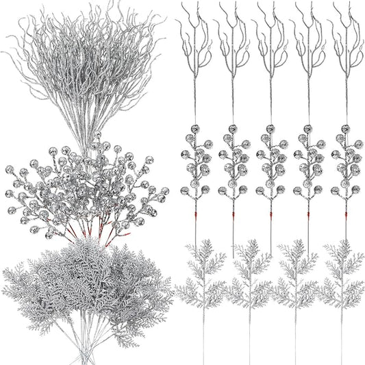 75 Pcs Christmas Glitter Branches 3 Styles Artificial Christmas Picks Berries Stems Pine Needles Floral Twig Spray for Xmas Tree Ornaments DIY Wreath Garland(Silver)
