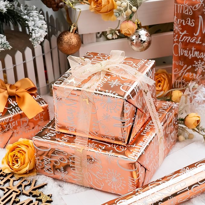 MAYPLUSS Foil Christmas Wrapping Paper - 17 Inch X 33 Feet - Girly Rose Gold MERRY CHRISTMAS Script and Snowflake Girl Winter Gift Wrap Present Paper Roll for Christmas, Holiday, Festive Decoration