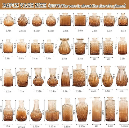 36Pcs Bud Vases Set Small Vintage Glass Bottles Bud Vases in Bulk Multiple Shape Cute Glass Vases for Rustic Wedding Centerpieces Table Decorations and Home Decor(Amber)
